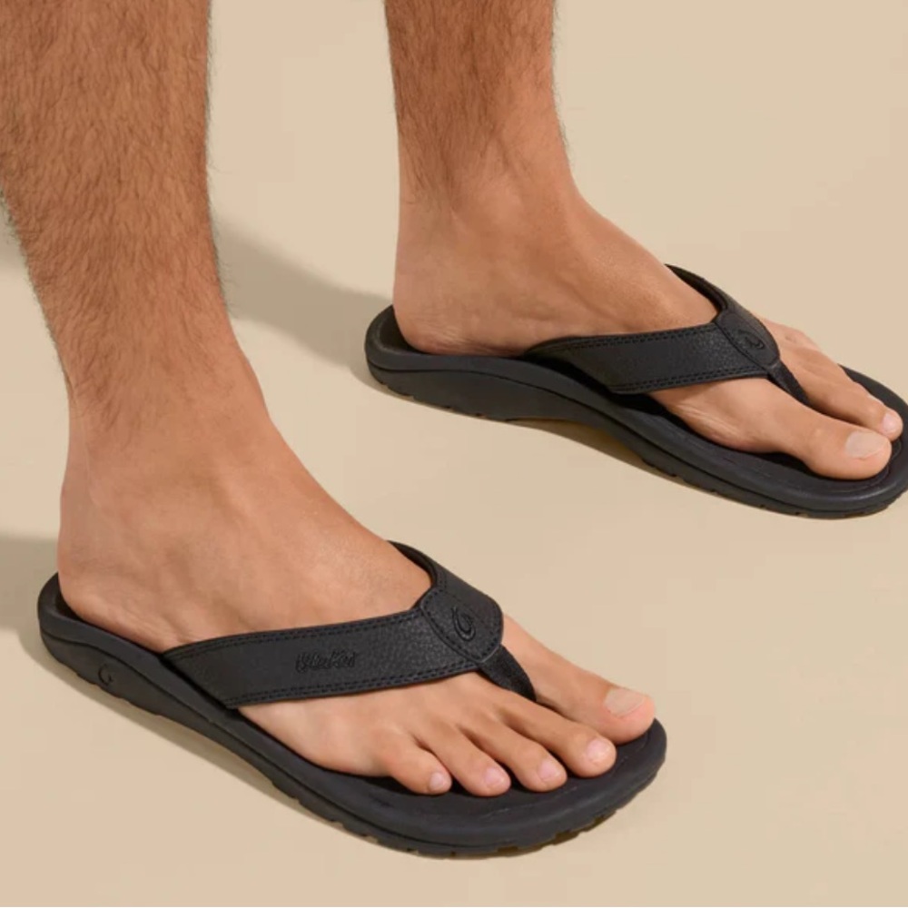 Olukai Ohana Black Leather Flip Flop Sandals